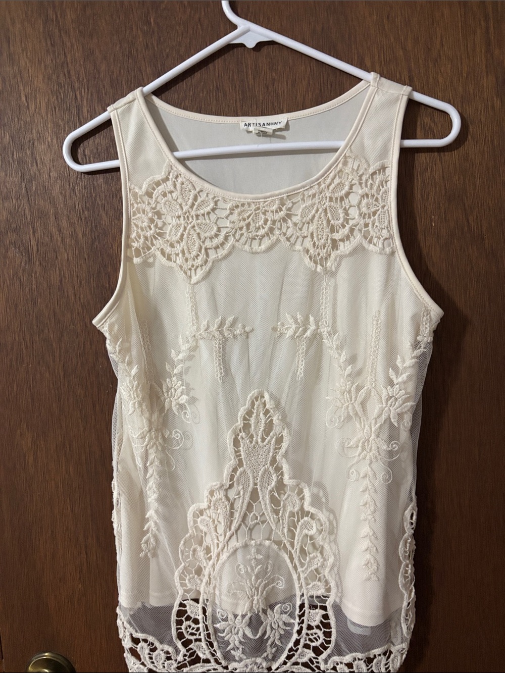 Artisan Ny Cream Lace Mesh Tank Top with Floral Embroidery